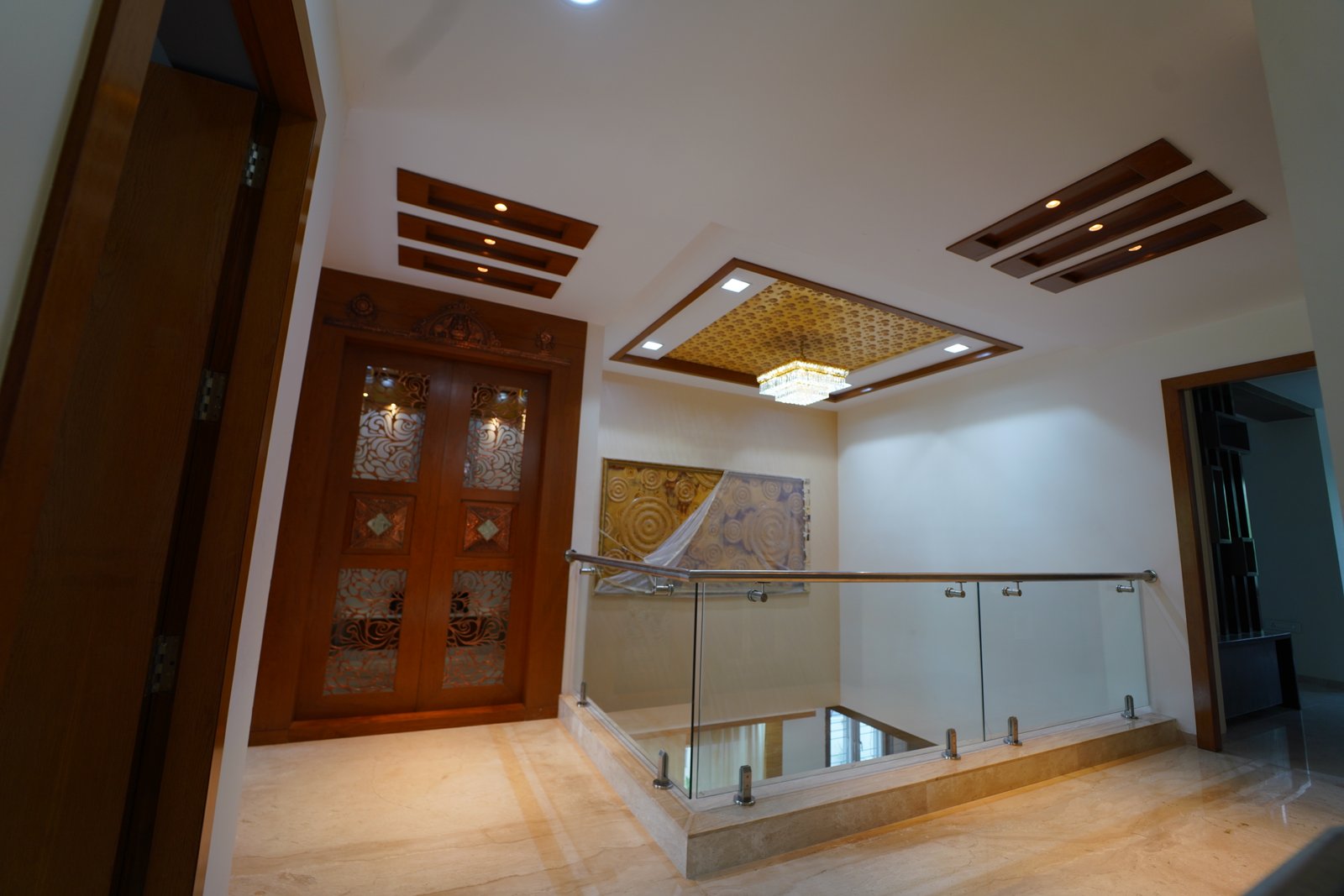 Elegant Staircase Lobby & Pooja Entrance Interior